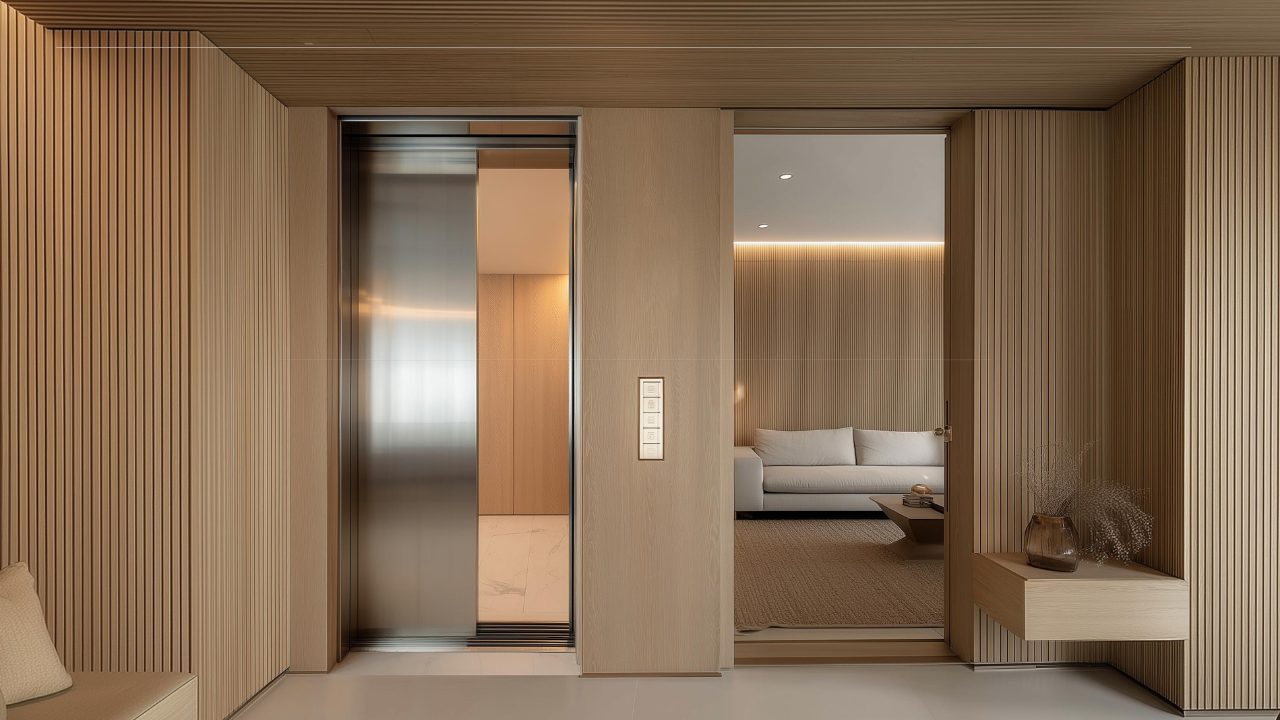 Private lift lobby finished in warm timber