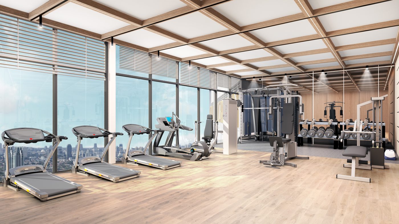 Gymnasium with skyline view