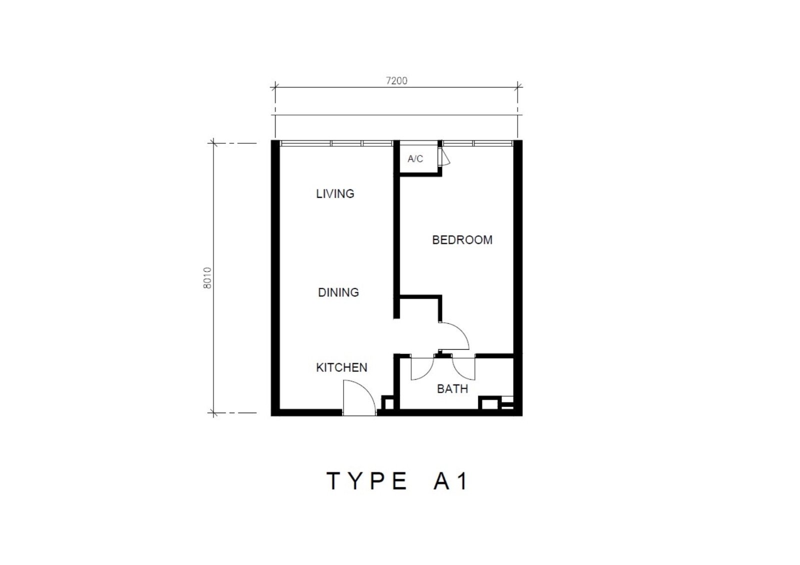 Type A1 layout — 1 bedroom, 624 sq ft