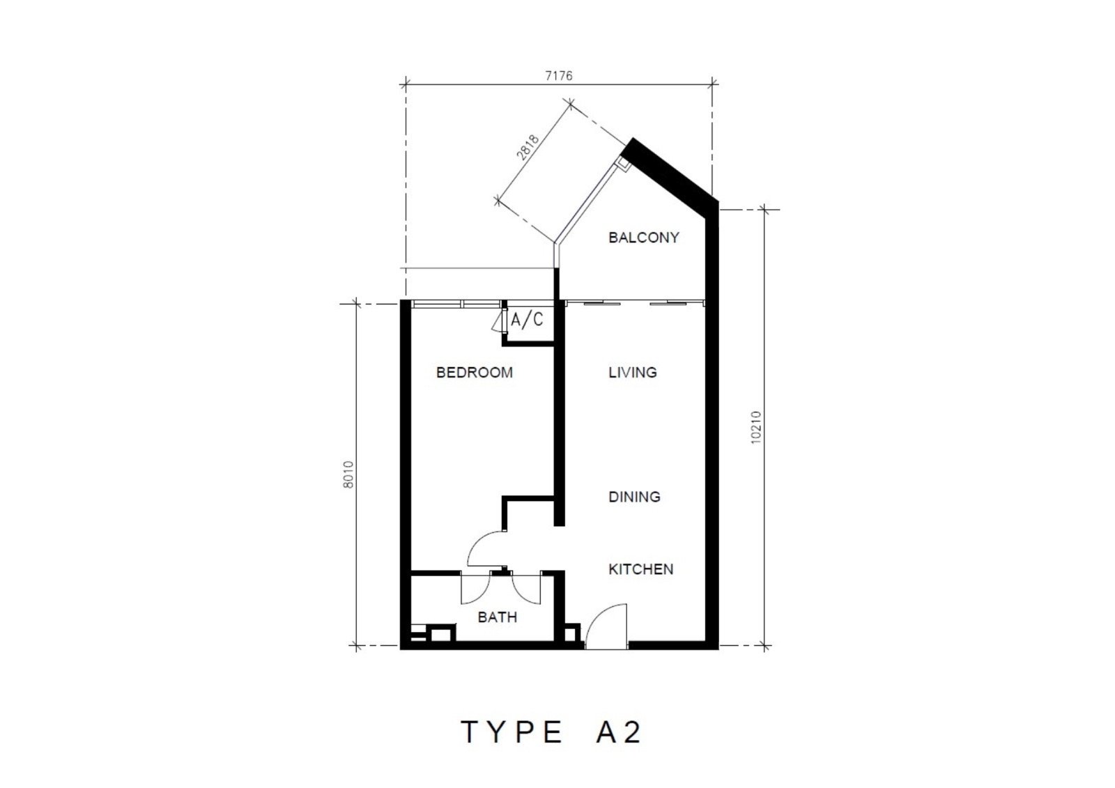 Type A2 layout — 1 bedroom, 732 sq ft