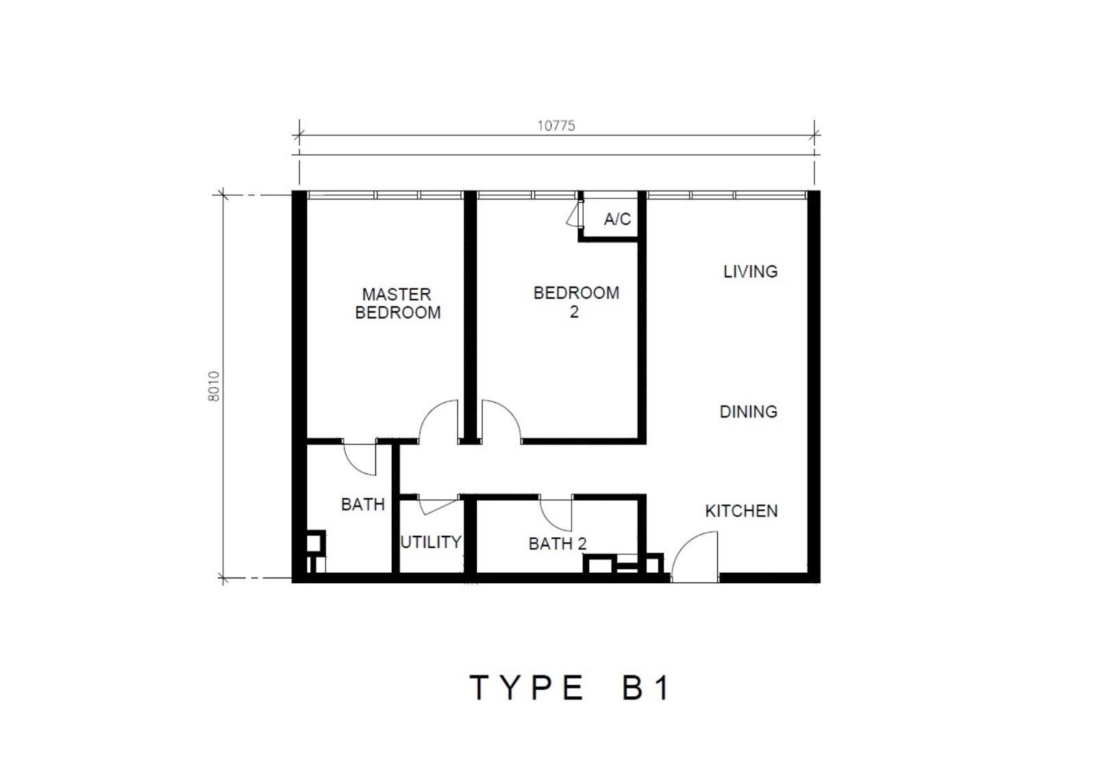 Type B1 layout — 2 bedrooms, 926 sq ft