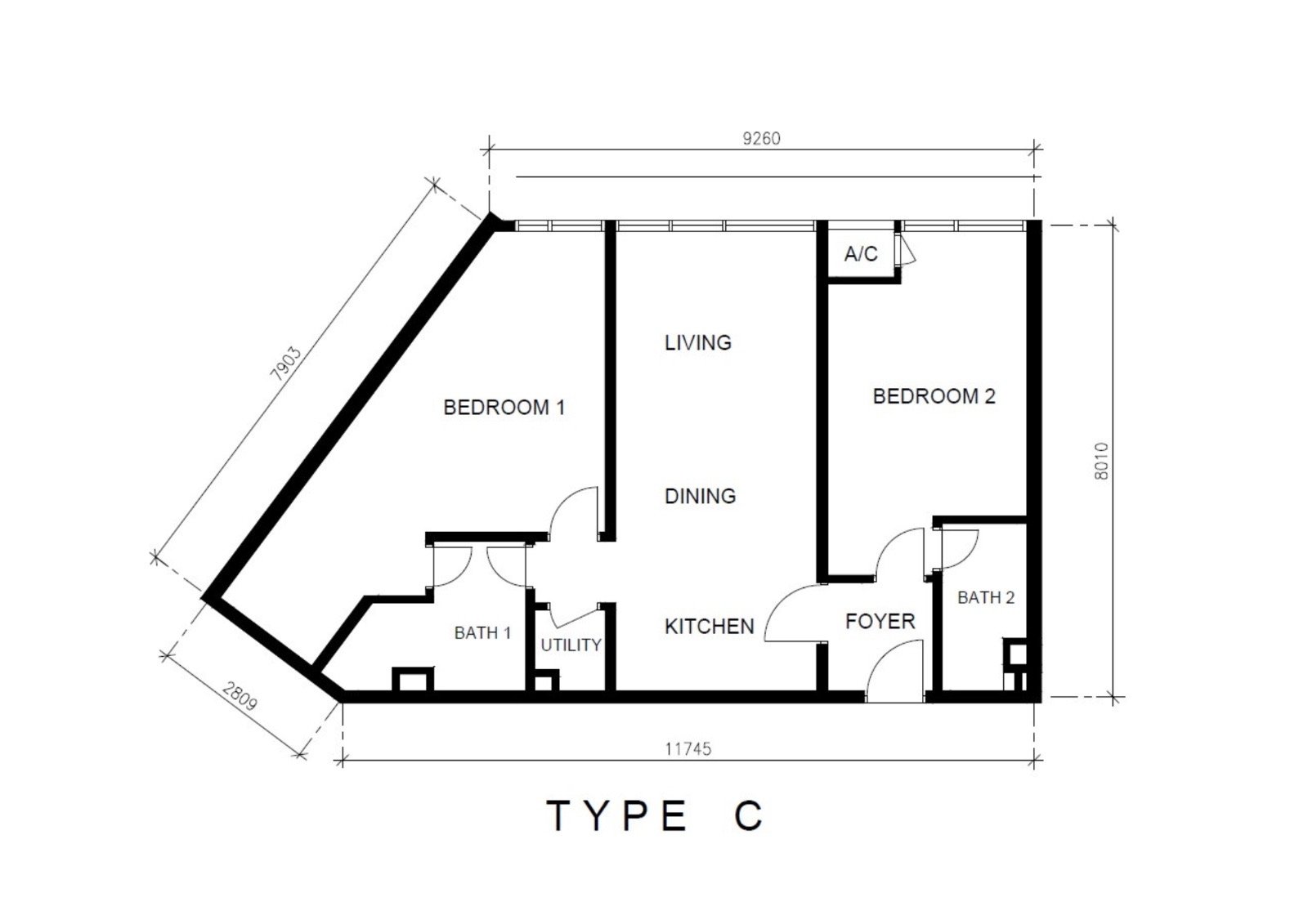 Type C dual-key layout — 1,023 sq ft
