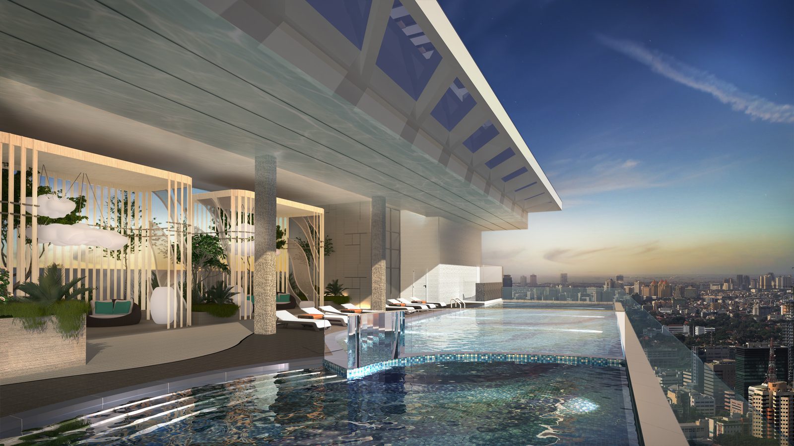 Infinity pool at dusk, level 58