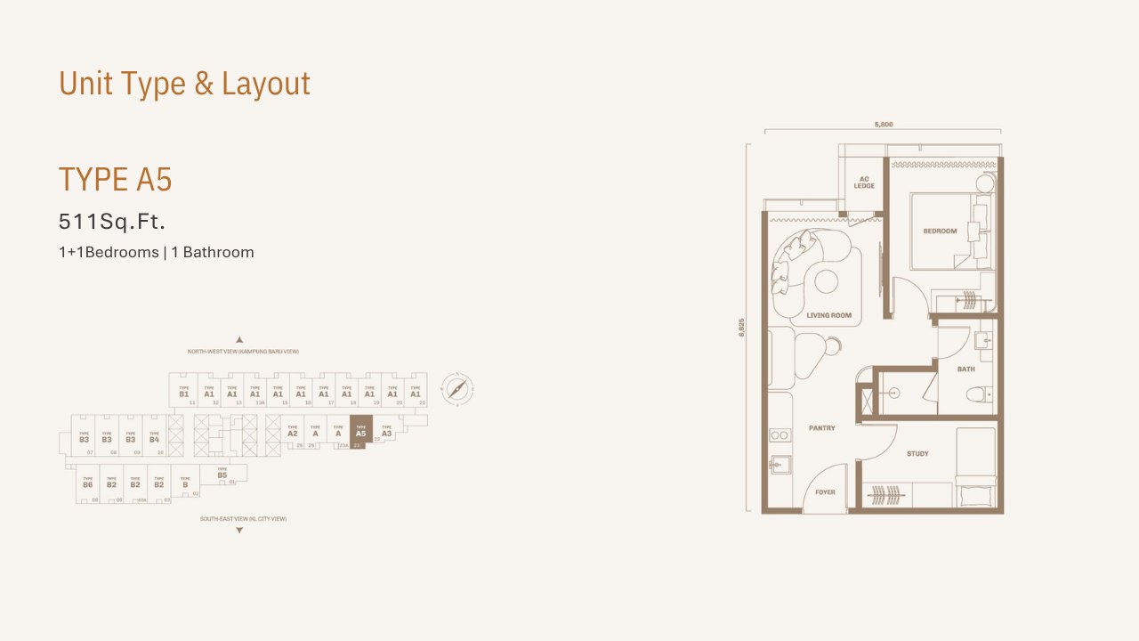 Type A5 layout — 1+1 rooms, 502–540 sq ft