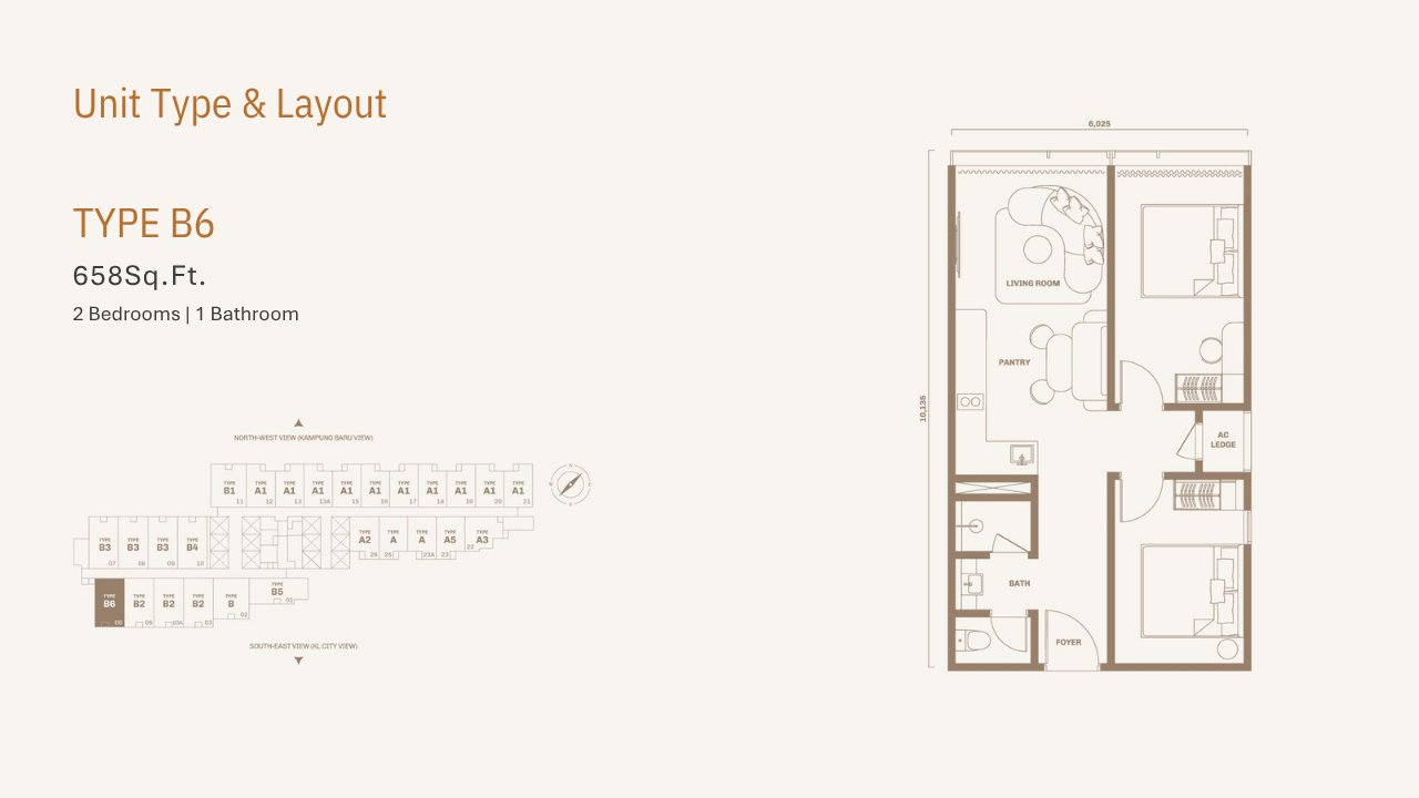 Type B6 layout — 2 rooms / dual-key, 648–713 sq ft