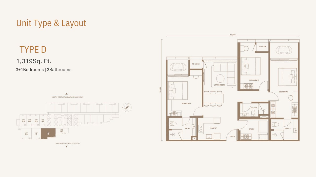 Type D layout — 3+1 rooms, 1,319 sq ft
