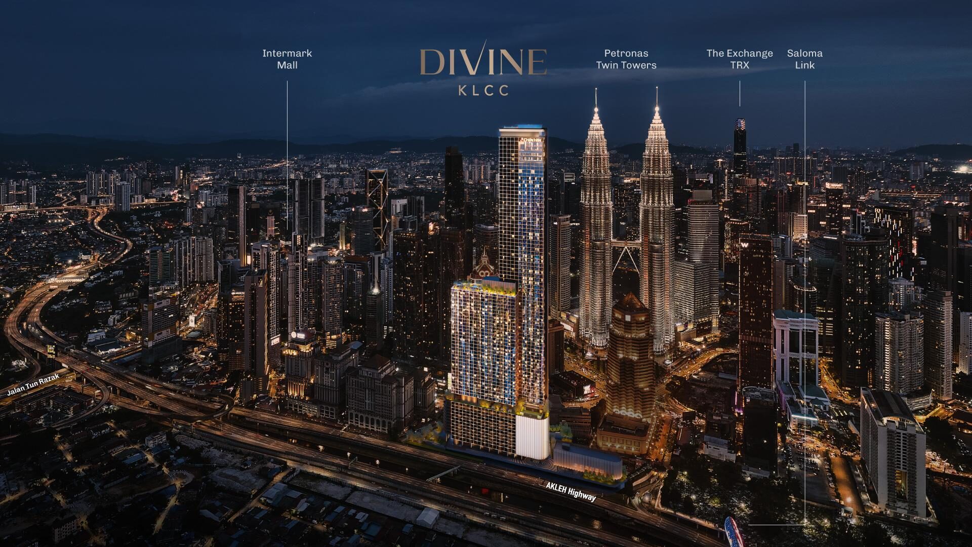 Divine KLCC beside the Petronas Twin Towers on the skyline — labelled developer render