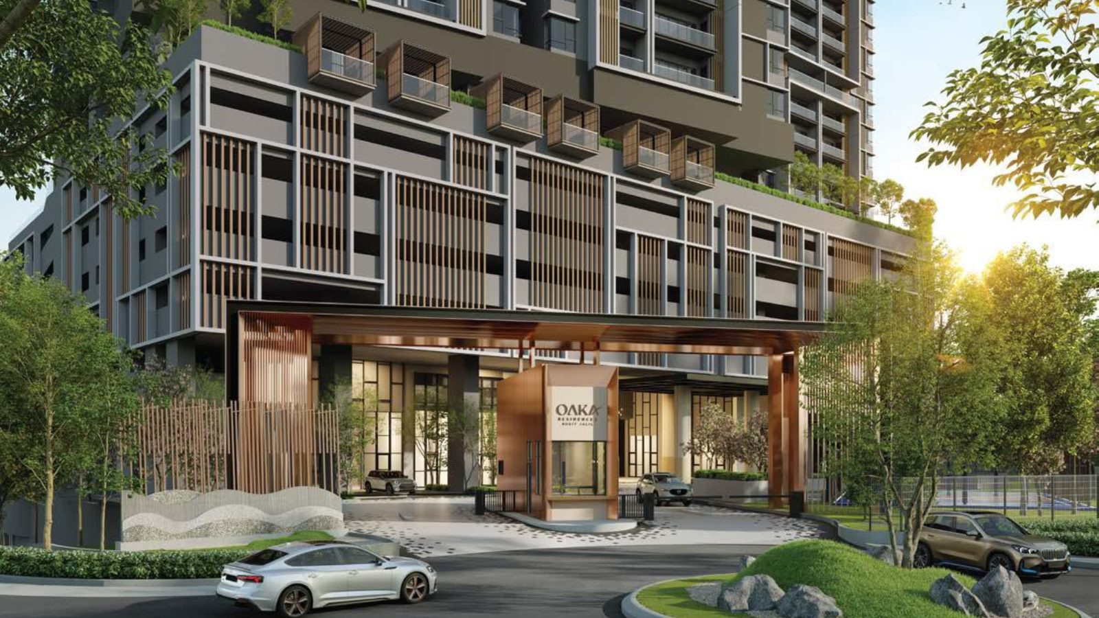 OAKA Residences grand entrance and facade
