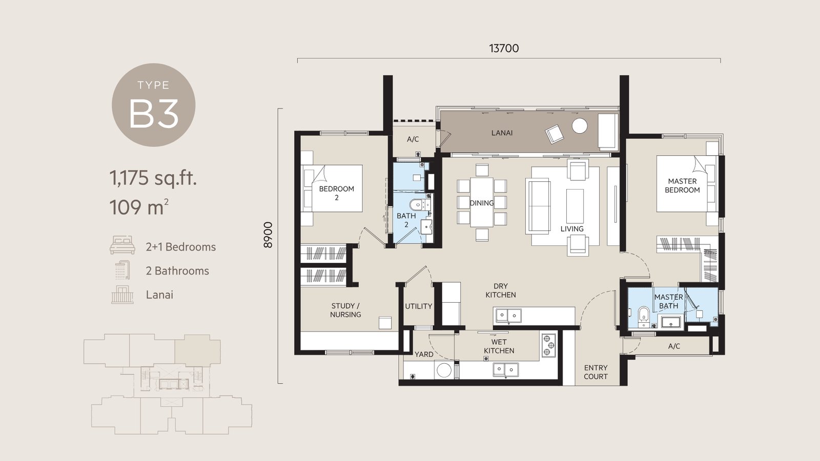 Type B3 layout with lanai — 1,175 sq ft