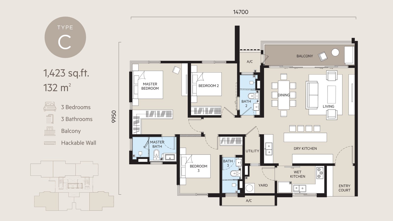 Type C layout — 3 bed, 1,423 sq ft