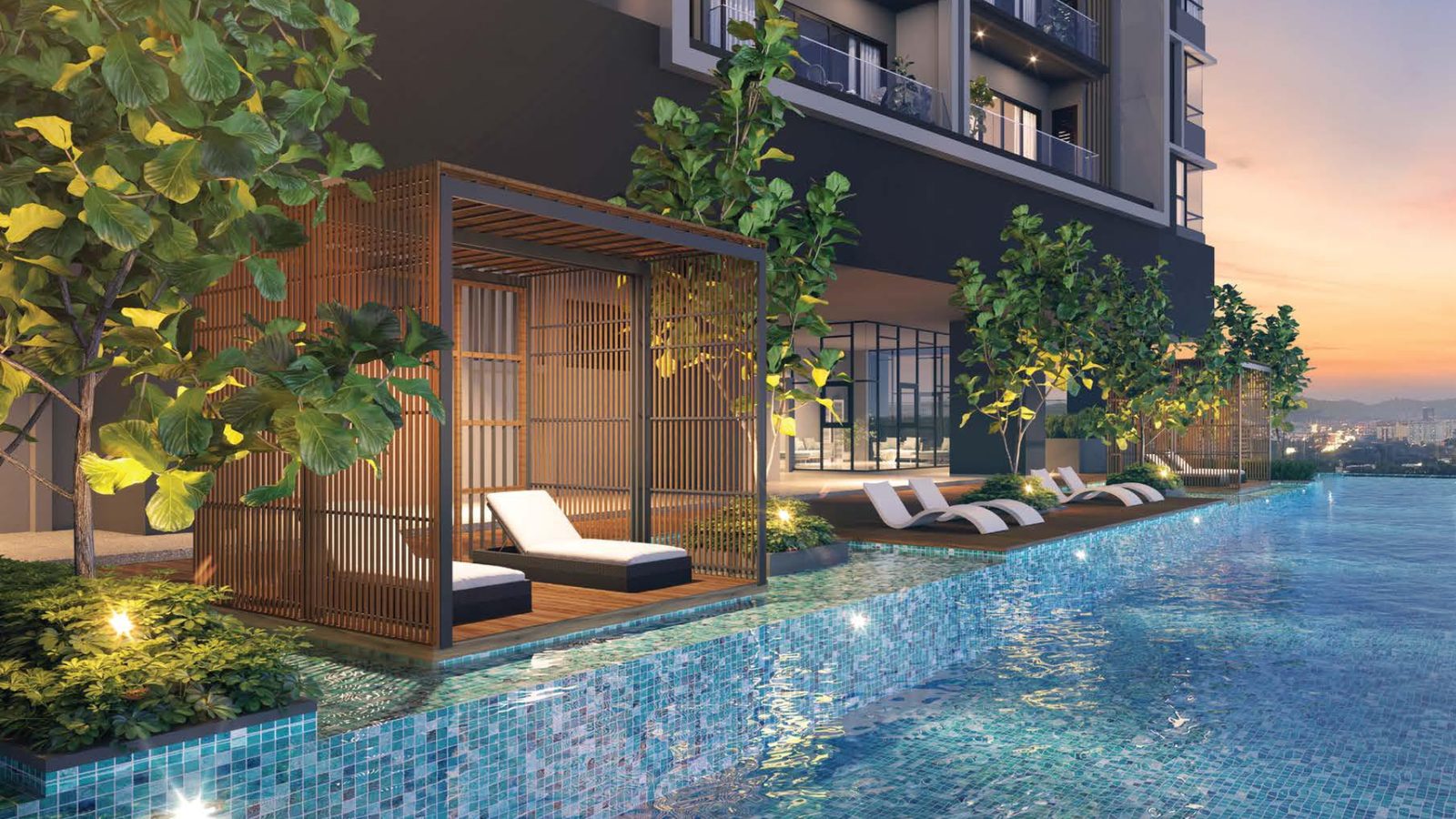 OAKA pool cabanas in the evening