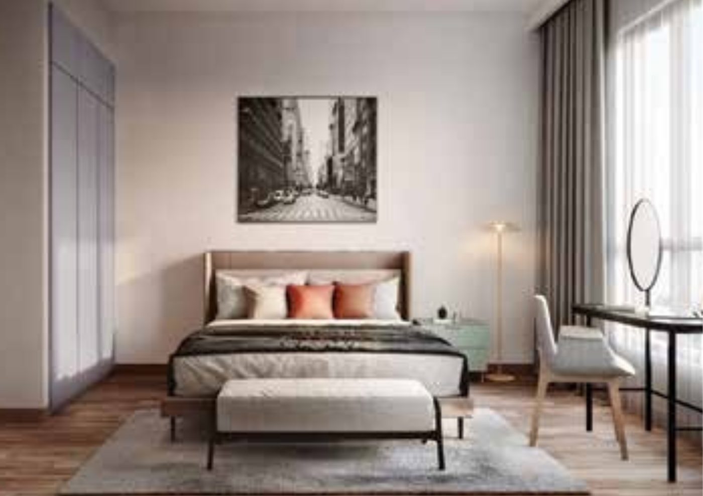 Furnished bedroom, urban theme