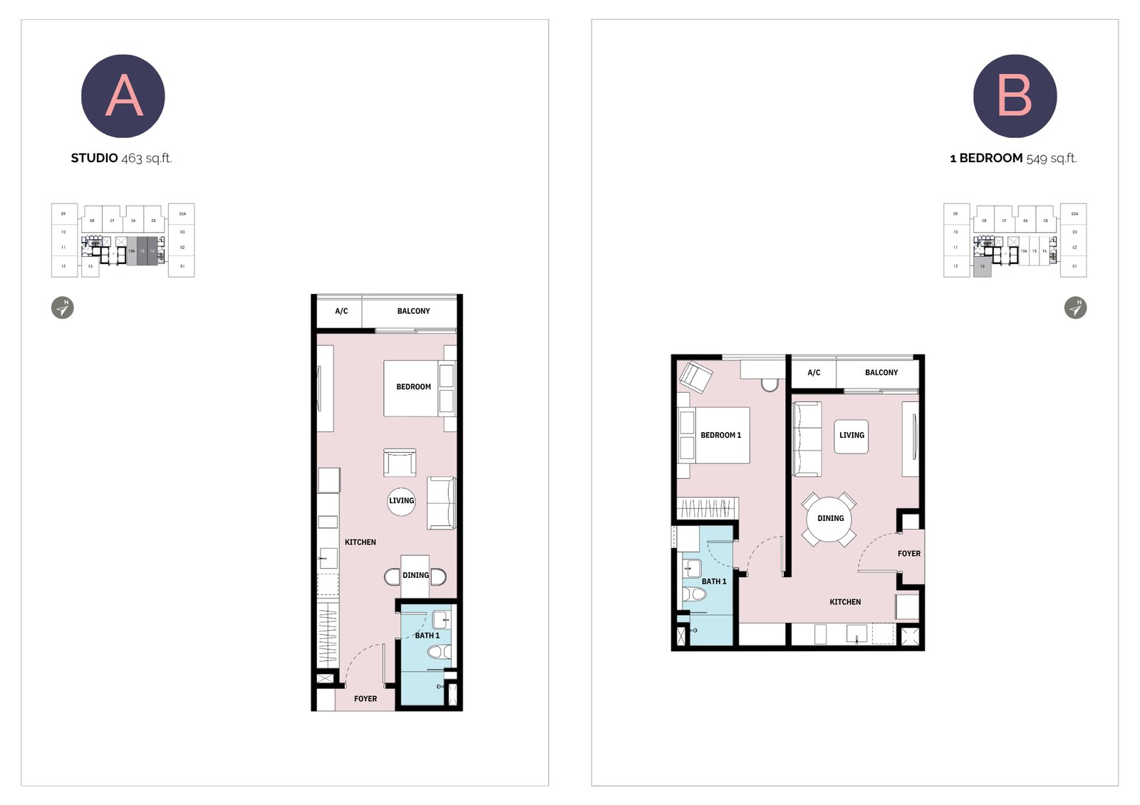Type A studio and Type B 1-bedroom layouts