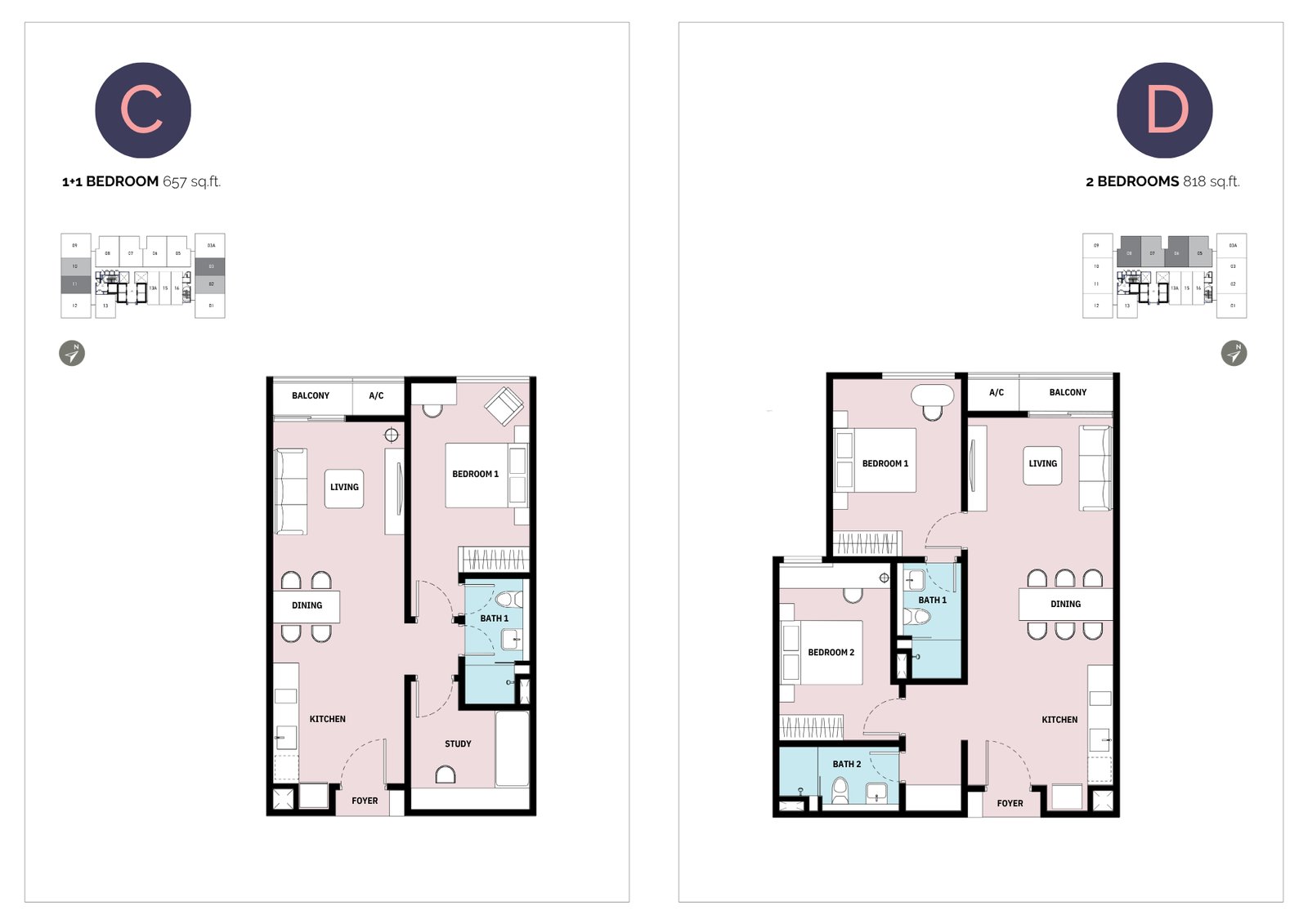Type C 1+1 and Type D 2-bedroom layouts